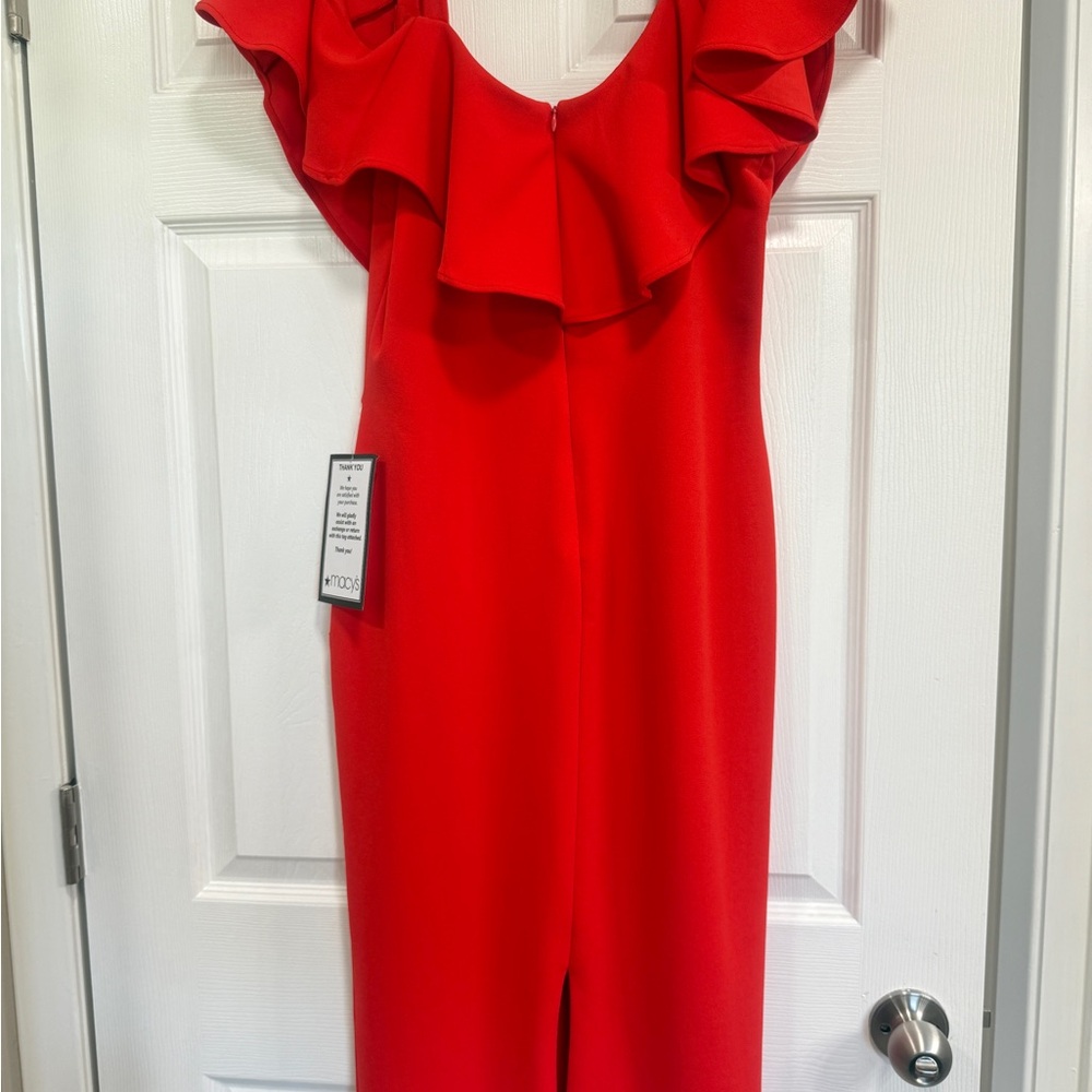 Macy's Red One Shoulder Ruffled Sheath Dress